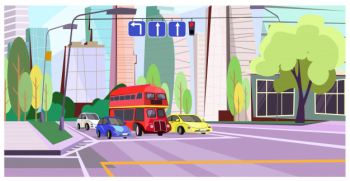 Double-decker bus and cars at red light illustration Double-decker bus and cars at red light illustration