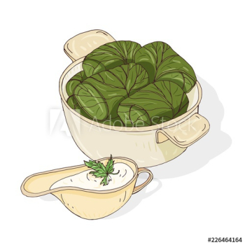 Drawing of dolma in bowl and sauce in gravy boat Drawing of dolma in bowl and sauce in gravy boat