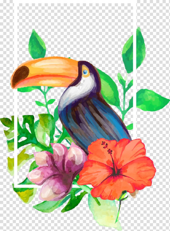 Drawing Watercolor painting, Drawing realistic aesthetic decorative flowers and parrot transparent background PNG clipart