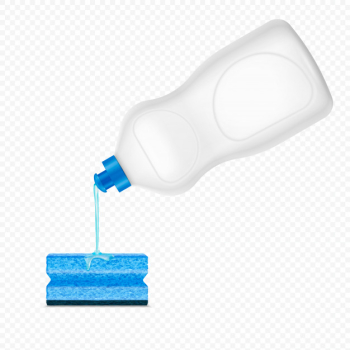 Dripping pouring detergent sponge realistic composition on transparent with white plastic bottle of dishwashing liquid Free Vector