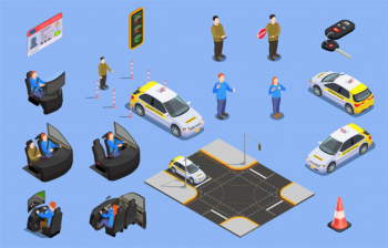 Driving school isometric icons collection of car simulators driver license and human characters with safety cone illustration Free Vector