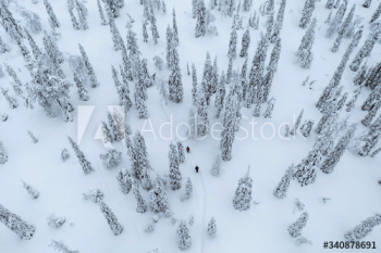 Drone shot of people trekking in a snowy forest in Lapland, Finland Drone shot of people trekking in a snowy forest in Lapland, Finland