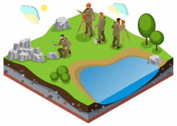 Earth exploration isometric composition with prospecting work on terrain with pond and rock formations Free Vector