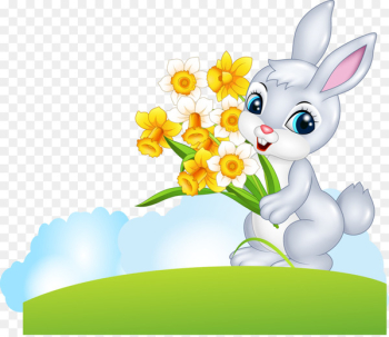 Easter Bunny Cartoon Illustration - Vector bunny holding flower 