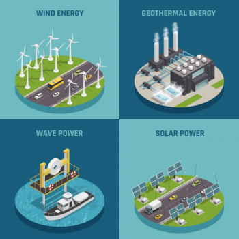Ecological renewable green energy sources 4 isometric icons square poster with wind solar and power isolated Free Vector