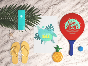 Editable flat lay paper mockup with summer elements Free Psd