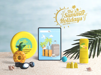 Editable tablet mockup with summer elements Free Psd