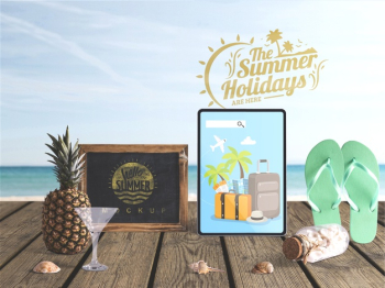 Editable tablet mockup with summer elements Free Psd