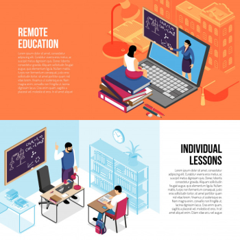 Education horizontal isometric banners with individual private lessons and online college university courses isolated vector illustration Free Vector
