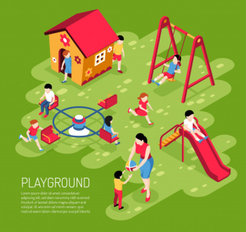 Educator and kids on play ground in kindergarten in summer on green  isometric Free Vector