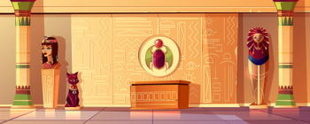 Egyptian cartoon background. tomb interior - bust of queen, pharaoh sarcophagus