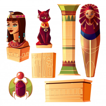 Egyptian cartoon set - bust of queen, pharaoh sarcophagus, ancient pillar