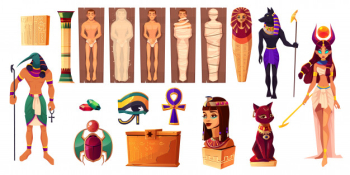 Egyptian gods thoth and hathor. ancient attributes of culture and religion set. Free Vector