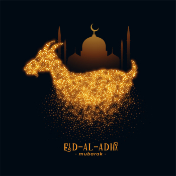 Eid al adha greeting with goat and mosque Free Vector