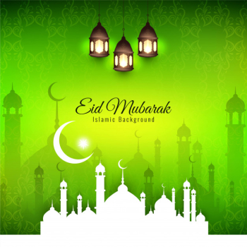 Eid mubarak, religious islamic silhouettes with green background Free Vector