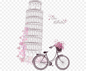 Eiffel Tower Symbol Paper - Hand-painted watercolor Leaning Tower of Pisa and bicycles 