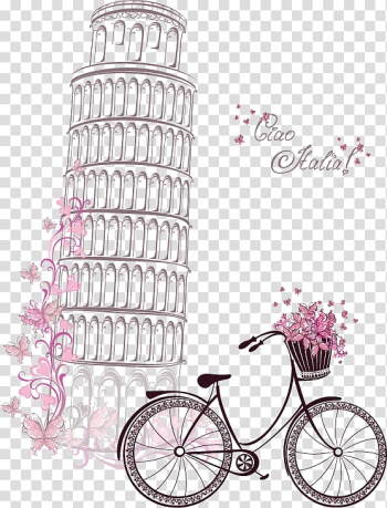 Eiffel Tower Symbol Paper, Hand-painted watercolor Leaning Tower of Pisa and bicycles, illustration of leaning tower of Pisa transparent background PNG clipart