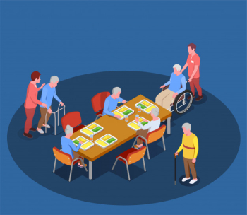 Elderly care in nursing home isometric illustration with residents meeting in dining room with help of their caretakers Free Vector