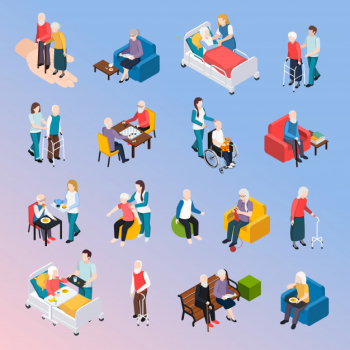 Elderly people nursing home residents isometric elements set Free Vector Elderly people nursing home residents isometric elements set Free Vector