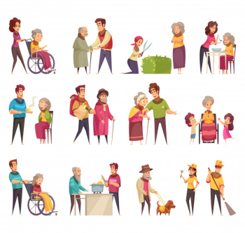 Elderly people professional social help service workers volunteers family support flat cartoon elements set isolated Free Vector