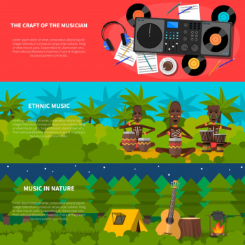 Ethnic music flat horizontal banners set