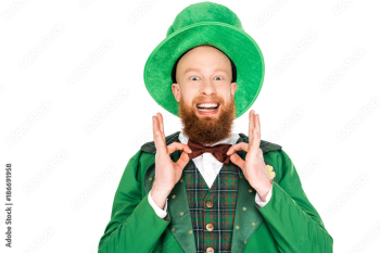 excited man in green leprechaun costume and bow tie, isolated on white excited man in green leprechaun costume and bow tie, isolated on white