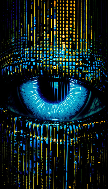 Extreme close up of a cybernetic eye glitching into dot matrix Extreme close up of a cybernetic eye glitching into dot matrix