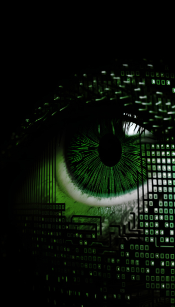 Extreme close up of a cybernetic eye glitching into dot matrix Extreme close up of a cybernetic eye glitching into dot matrix