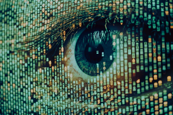 Extreme close up of a cybernetic eye glitching into dot matrix, horizontal shot Extreme close up of a cybernetic eye glitching into dot matrix, horizontal shot