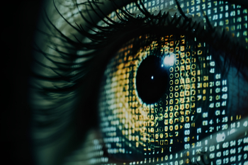 Extreme close up of a cybernetic eye glitching into dot matrix, horizontal shot Extreme close up of a cybernetic eye glitching into dot matrix, horizontal shot