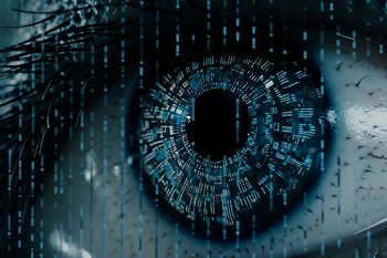 Extreme close up of a cybernetic eye glitching into dot matrix, horizontal shot Extreme close up of a cybernetic eye glitching into dot matrix, horizontal shot