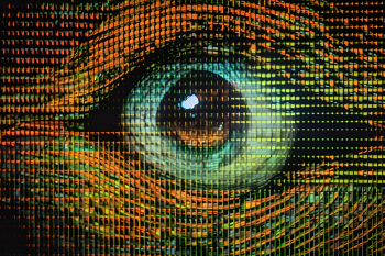 Extreme close up of a cybernetic eye glitching into dot matrix, horizontal shot Extreme close up of a cybernetic eye glitching into dot matrix, horizontal shot