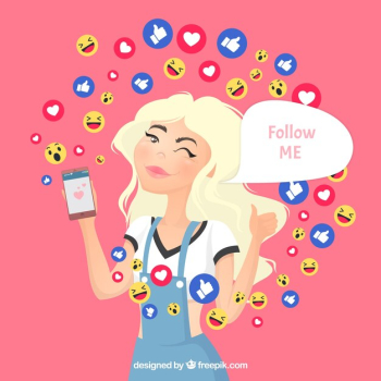 Facebook influencer background with decive and emoticons