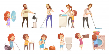 Family cleaning cartoon icons set Free Vector Family cleaning cartoon icons set Free Vector
