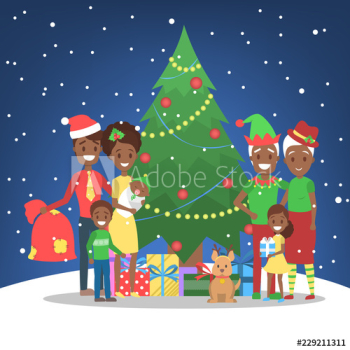 Family have fun together at christmas tree Family have fun together at christmas tree