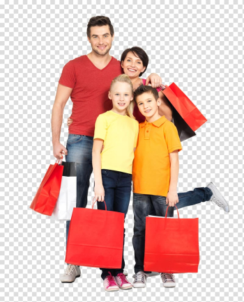 Family holding red paper bags, Shopping Bags & Trolleys Family , shopping transparent background PNG clipart