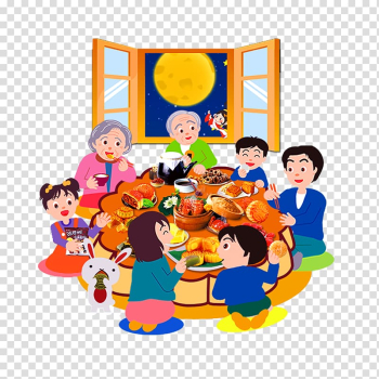 Family of seven eating on table, Mooncake Mid-Autumn Festival Reunion dinner Poster, Mid Autumn Festival reunion transparent background PNG clipart