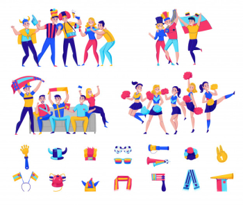 Fans cheering team icon set with groups of people and football attributes cheering for the team  illustration Free Vector