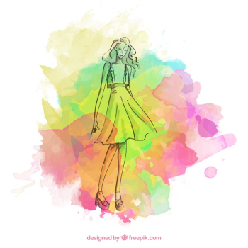 Fashion girl sketch with colorful paint stains