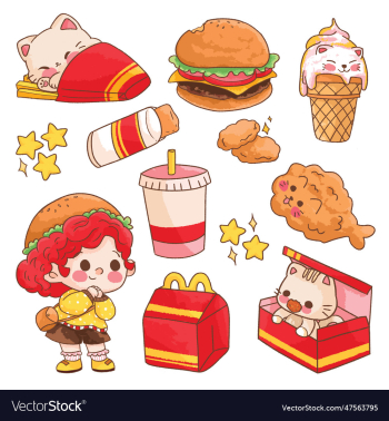 fast food element and cute girl with cat fried chi