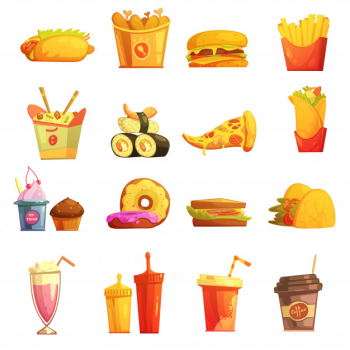 Fast food retro cartoon icons collection with hot dog sushi hamburger and donuts