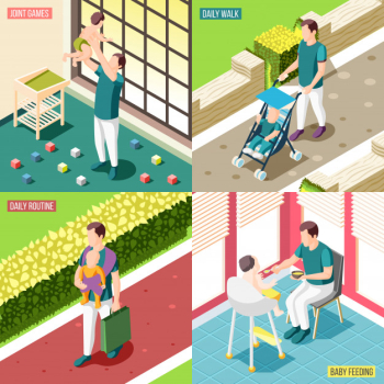 Fathers on maternity leave 2x2 design concept set of daily routine baby feeding joint games and walks square icons isometric illustration Free Vector
