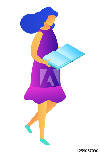 Female student walking with open book and reading, tiny people isometric 3D illustration