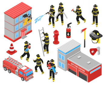 Fire department isometric icons set Free Vector Fire department isometric icons set Free Vector
