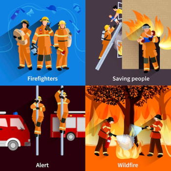 Firefighter people 2x2 compositions of firefighters crew alerting wildfire and saving people 