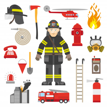 Fireman professional equipment flat icons collection Fireman professional equipment flat icons collection