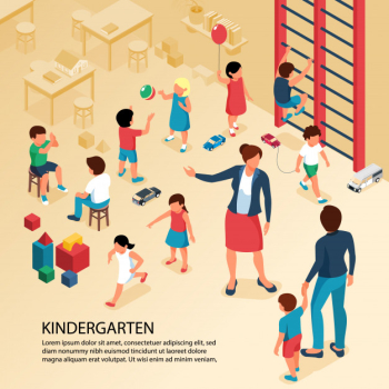 First day kindergarten activities isometric composition with teacher parent with child playing kids poster text Free Vector
