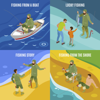 Fishermen during communion and with haul isometric concept catching from boat and at shore isolated Free Vector