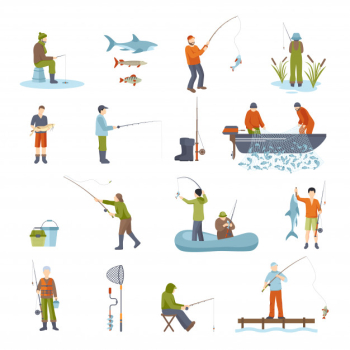Fishing people fish and tools icons set Fishing people fish and tools icons set