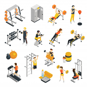 Fitness isometric icons set with people training in gym using sport equipment Free Vector